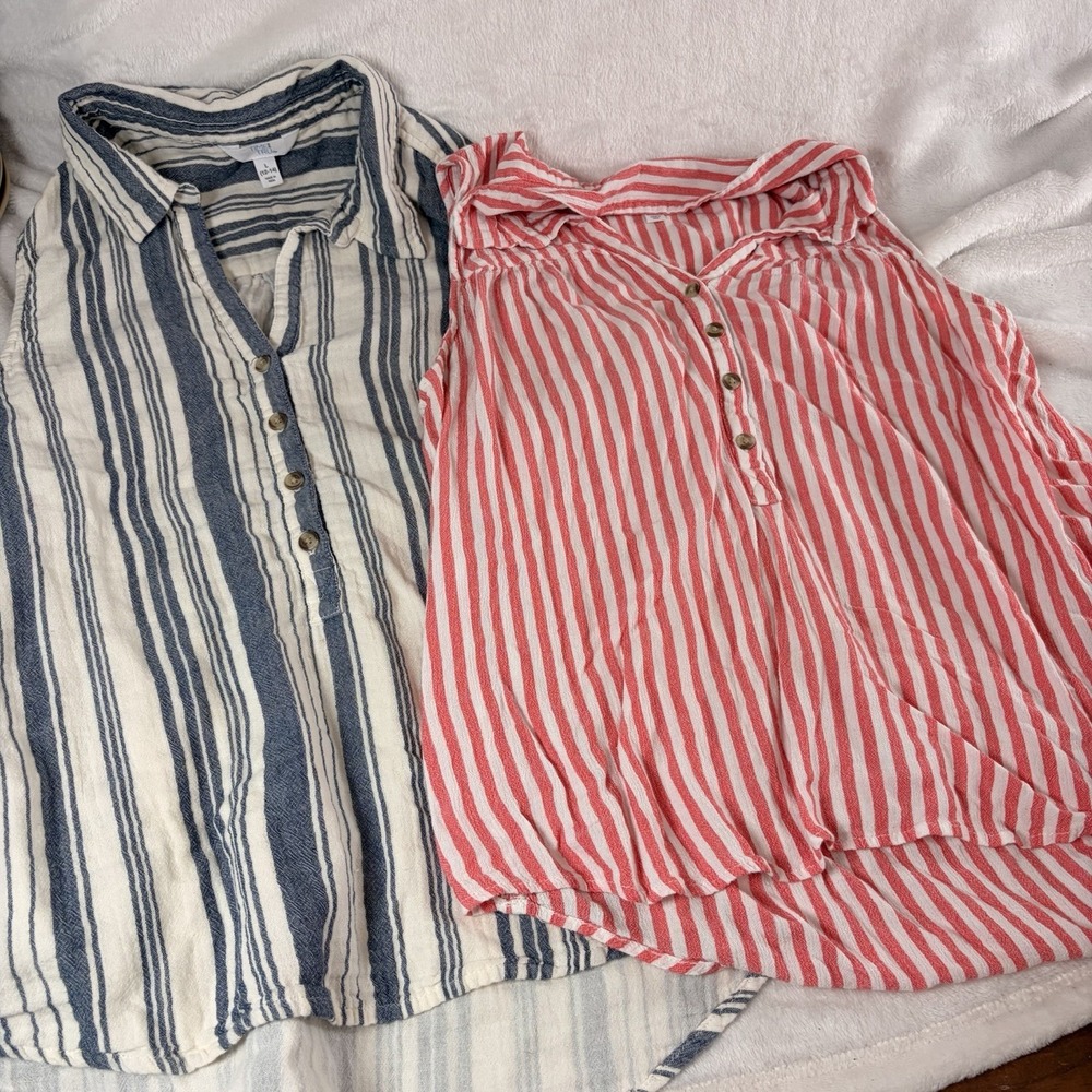 Lot of 2 Time and Tru Striped Sleeveless Henley Tunic Blouses L 12-14 Casual EUC